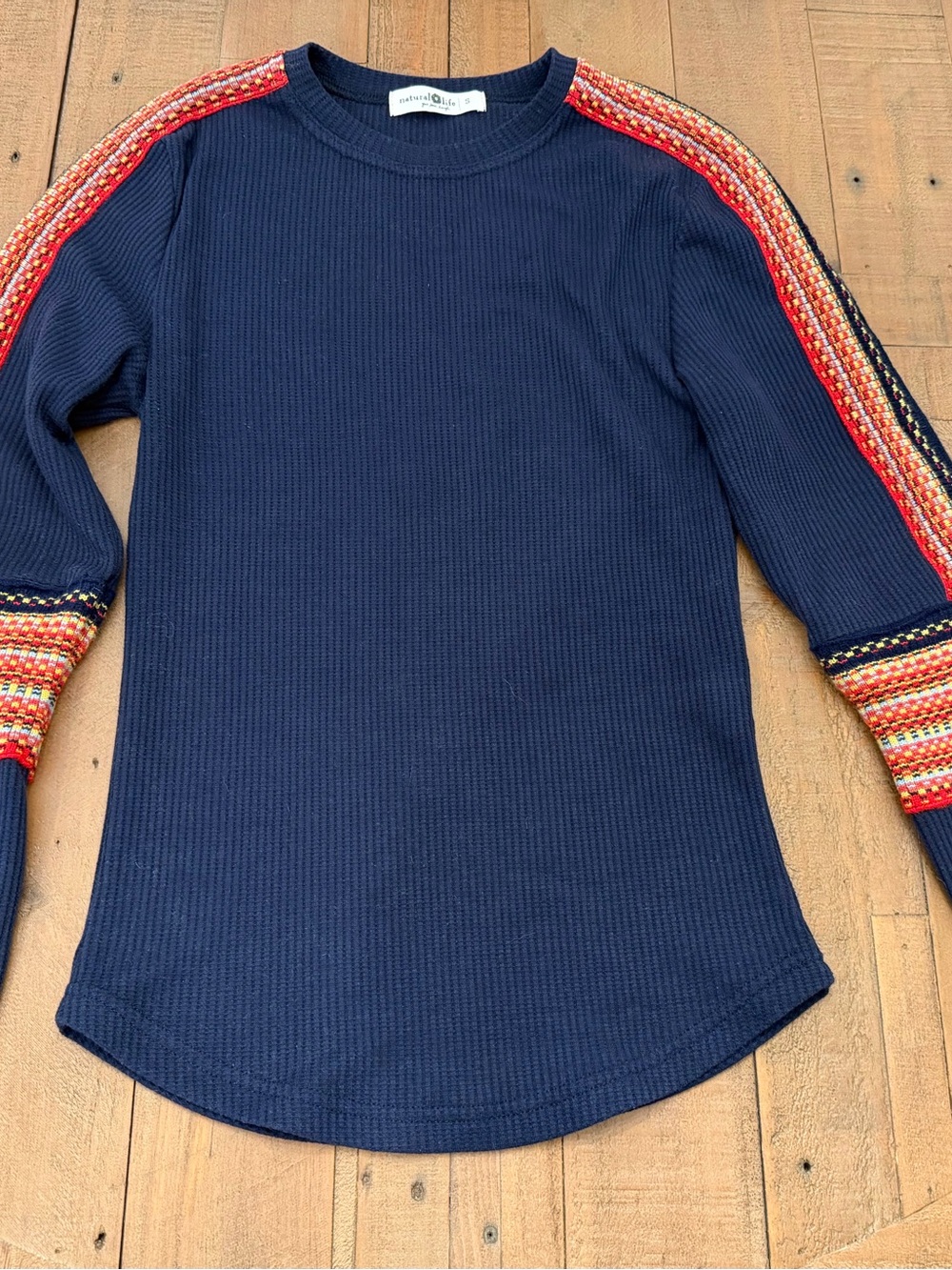 NATURAL LIFE Navy Waffle Long Sleeve with Red & Orange Shoulder Stripes